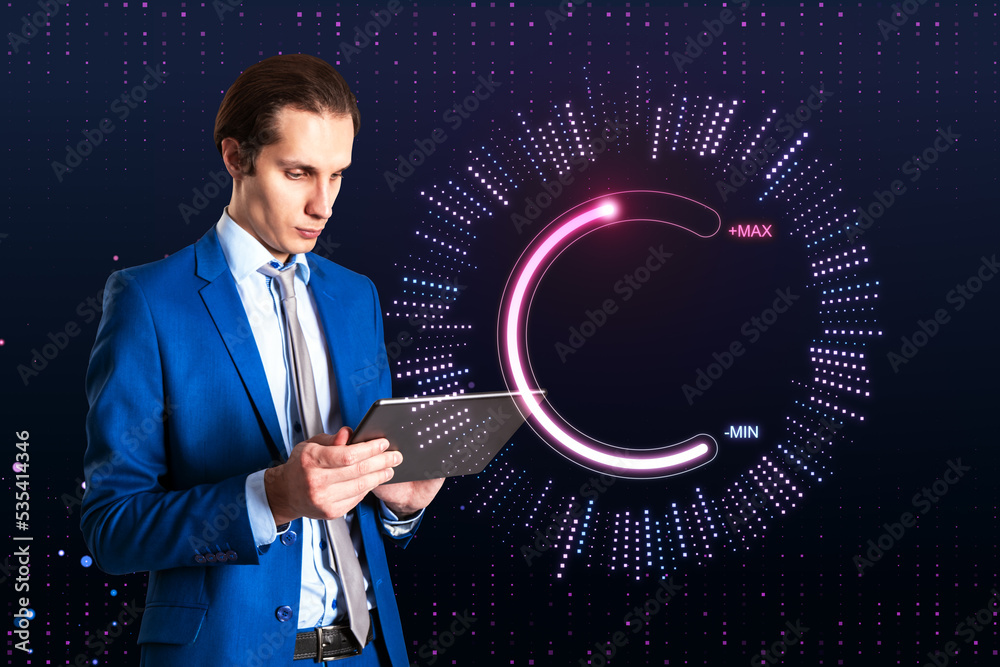 Aufkleber attractive young european businessman using tablet with abstract glowing max and min scale hologram 