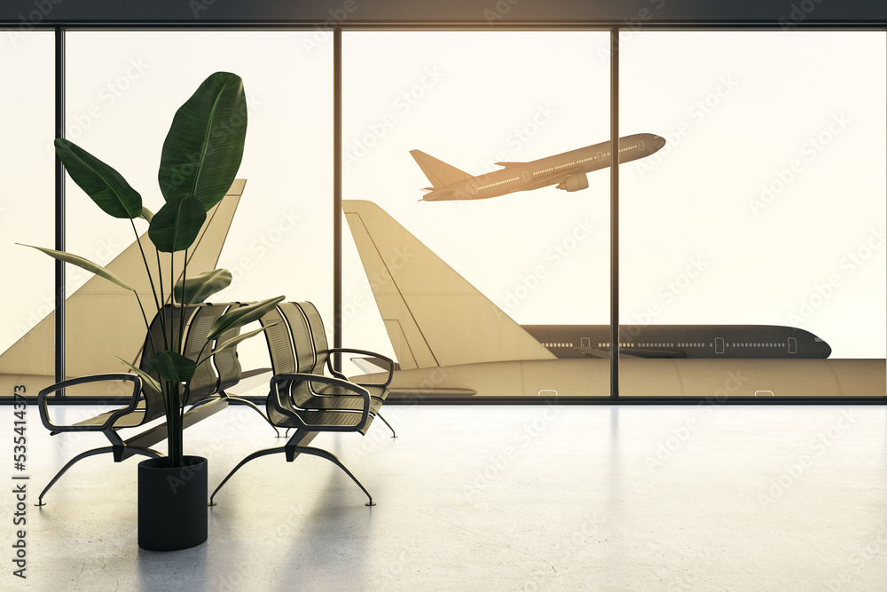 Poster travel concept with empty seats and high green plant in airport lounge and plane taking off through 
