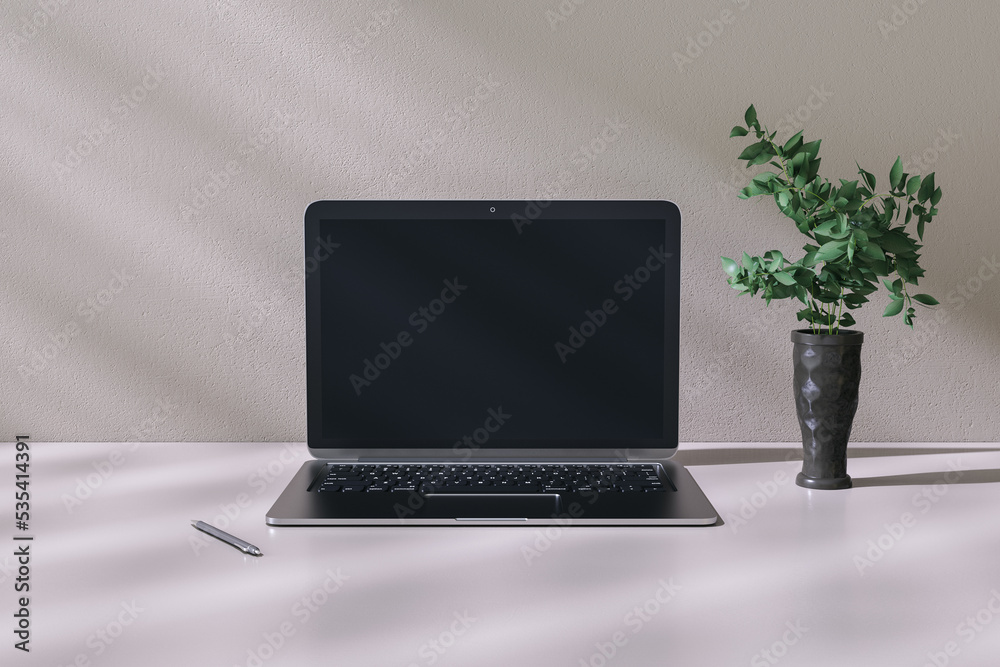 Poster front view on blank dark modern laptop screen with space for your logo or text in sunlit room area w