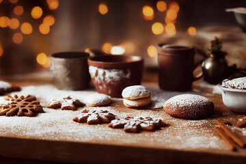 Obraz na płótnie Canvas Making Christmas cookies in a rustic kitchen, photorealistic illustration