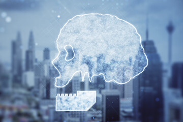 Abstract digital cloud skull on blurry city background. Scary image and disaster concept. Double...