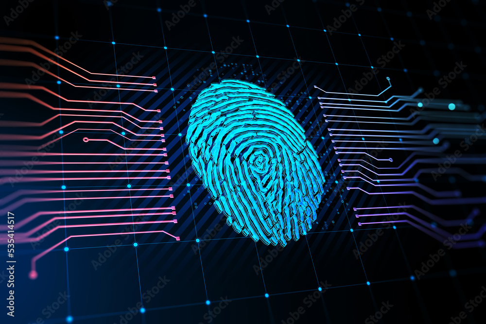 Poster Biometric identification concept with blue digital graphic fingerprint between circuit lines on abstract dark technological background. 3D rendering