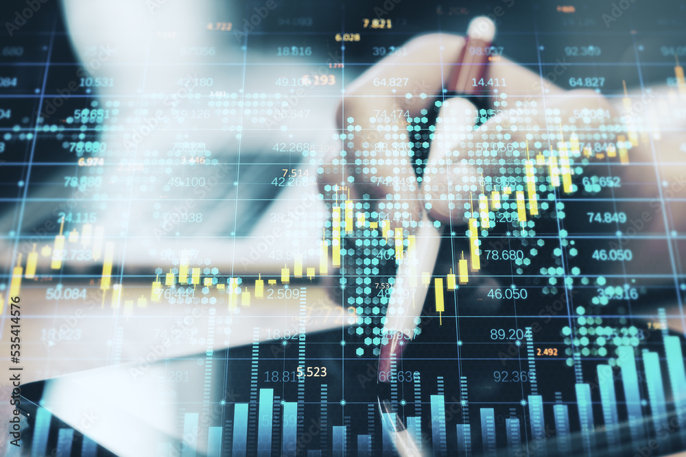 Poster close up of hand using digital tablet with pen and creative forex chart, candlestick graph, index an
