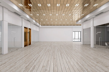 Fototapeta na wymiar Minimalistic spacious office interior with wooden flooring, shiny ceiling, elevators, window and city view, furniture and daylight. Workplace and design concept. 3D Rendering.