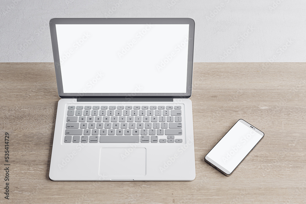 Poster close up of empty white laptop and cellphone on wooden desktop, mock up place on screen, concrete fl