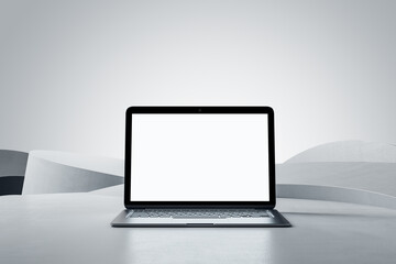 Front view on blank white modern laptop monitor with place for your logo or text on abstract light grey stylish surface and light blank background. 3D rendering, mock up