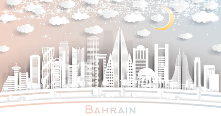 Bahrain City Skyline in Paper Cut Style with White Buildings, Moon and Neon Garland.