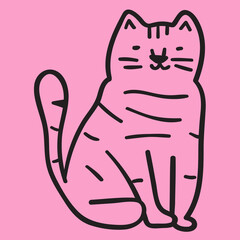 Funny cat sit. Vector outline illustration on pink background.