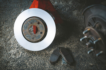 Car brake rotors resurfacing service in garage shop. 