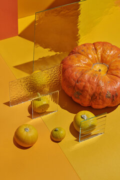 Vertica high angle view shot of various pumpkins and textured glass pieces on yellow and orange surface, contemporary autumn composition