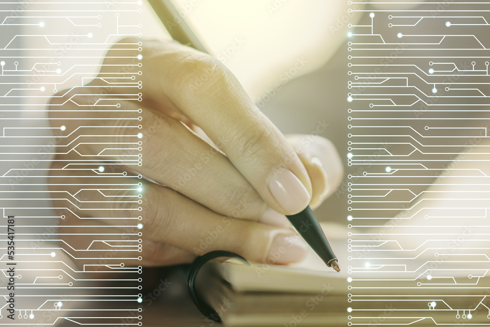Aufkleber Creative abstract micro chip hologram and woman hand writing in diary on background, artificial intelligence and machine learning concept. Multi exposure
