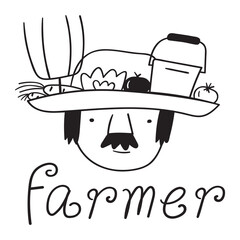 Farmer face. Hand drawn vector outline icon. Black color illustration on white background.