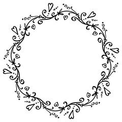 Wreath from fantasy hearts - vector decorative frame for St Valentine's Day greeting card, wedding. Black lines on white.