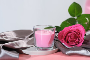 rose flower pefume scented candle. soy wax candle for home ambient atmosphere. cozy home concept