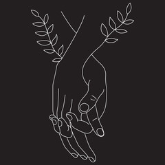 Floral hands holding togather. Man and woman. Male and female. Couple hands. Black and white. Black background. Line drawing.