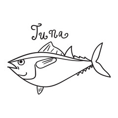 Tuna. Vector outline illustration. Seafood. Hand drawn graphic design.