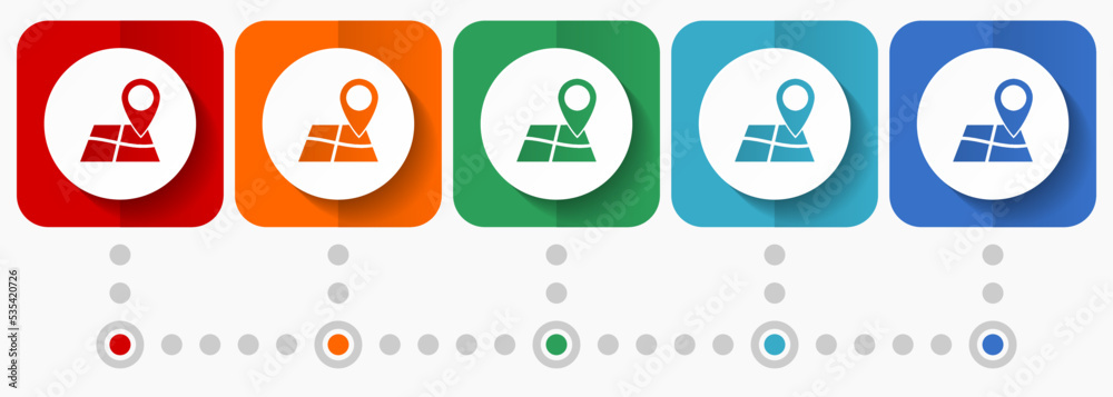 Poster gps vector icons, infographic template, set of flat design map symbols in 5 color options