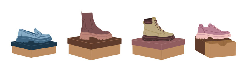 Set of boxes with female shoes and boots. Various types trendy casual footwear. Hand drawn vector illustration isolated on white background. Modern flat cartoon style.