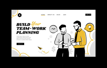 Team Working planning in company landing page with hand drawn outline style