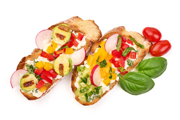 Bruschetta with various toppings, isolated on white background. High resolution image.