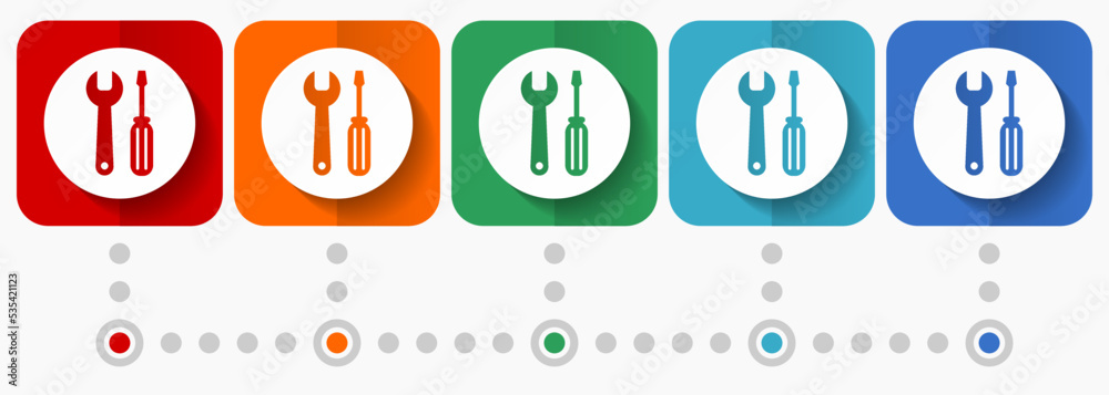 Poster tools vector icons, infographic template, set of flat design service ymbols in 5 color options