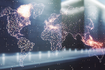 Double exposure of abstract digital world map on modern business center exterior background, research and strategy concept