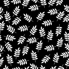 Seamless vintage pattern. white plants leaves. black  background. vector texture. fashionable print for textiles, wallpaper and packaging.