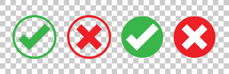 Check mark and X mark icon. Checkmark and x mark icon for apps and websites. Green and red check mark icon on transparent background. Vector illustration