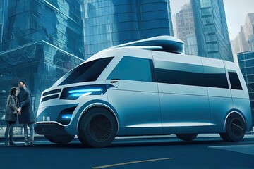 Shot of a Futuristic Self Driving Van Moving on a Public Highway in a Modern City with Glass Skyscrapers. Beautiful Female and Senior Man are Having a Conversation in a Driverless Autonomous Vehicle