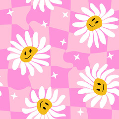 Trippy seamless pattern with vintage chamomile or daisy groovy flowers and cell. 1970s psychedelic floral background with smiling faces. Vector design for textile, wrapping paper, greeting cards.
