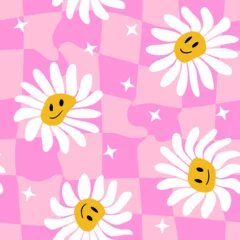 Fotobehang Trippy seamless pattern with vintage chamomile or daisy groovy flowers and cell. 1970s psychedelic floral background with smiling faces. Vector design for textile, wrapping paper, greeting cards. © Svetalik