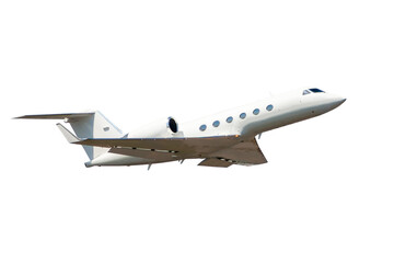White luxury private jet flies isolated on transparent background