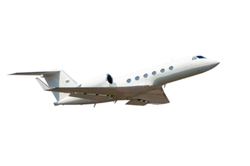 White luxury private jet flies isolated on transparent background
