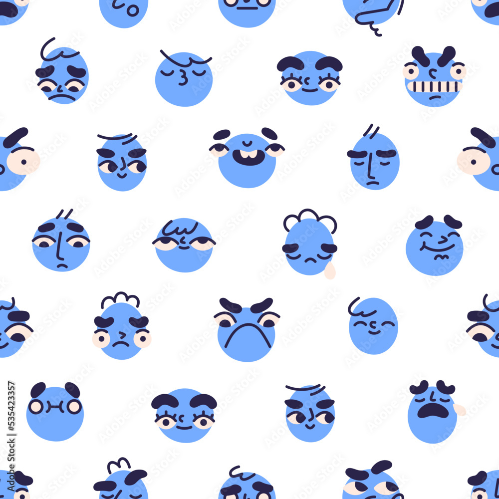 Poster Seamless pattern with face avatars, emojis. Different emotions, expressions, endless background with emoticon characters, repeating print. Funny cute texture design. Colored flat vector illustration