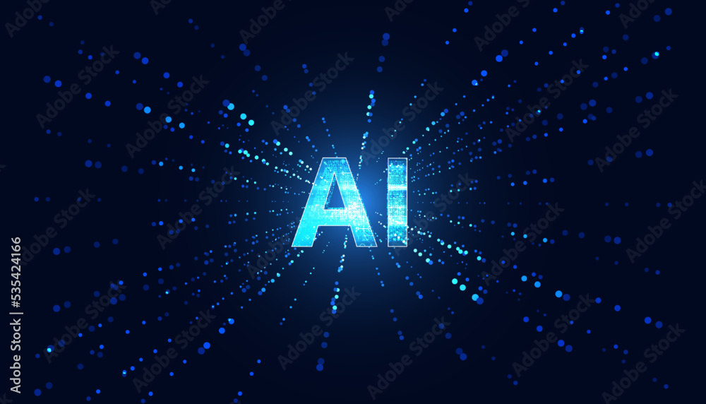Poster abstract artificial intelligence on atomic and technology background with computer systems dot blue.