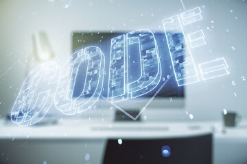 Creative Code word sign on modern computer background, international software development concept. Multiexposure