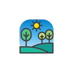 Forest hill with trees and sun filled outline icon