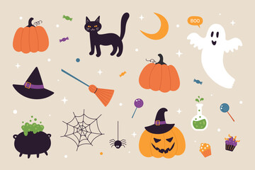 A set of Halloween elements: ghost, hat, a broom, a black cat, funny pumpkins, a cauldron with a potion, candy. Suitable for greeting card, poster, tag, sticker set. Cartoon vector illustration.