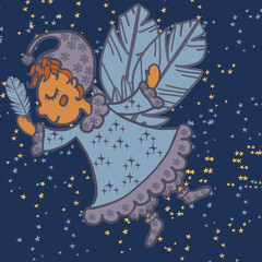 moon and stars child sleeping in a stroller fairy of dreams and babies angel with a heart , fairy with a magic wand