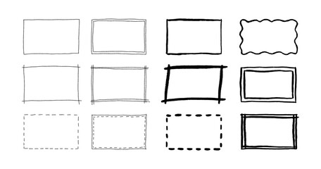 Free hand drawn rectangle frames set. Doodle rectangular shape. Scribble pencil square text box. Doodle highlighting design elements. Line border. Vector illustration isolated on white background. - 535426930