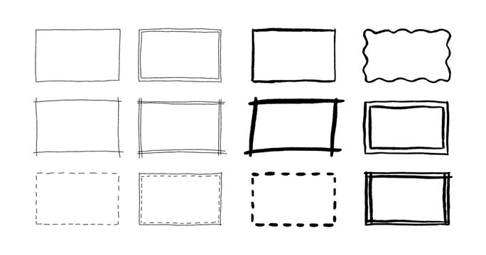 Free hand drawn rectangle frames set. Doodle rectangular shape. Scribble pencil square text box. Doodle highlighting design elements. Line border. Vector illustration isolated on white background.