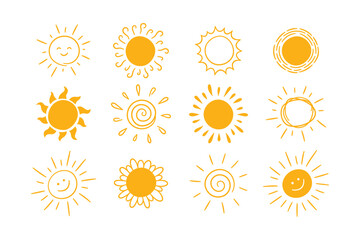Doodle different sun icons set. Scribble yellow sun with rays symbols. Doodle children drawings collection. Hand drawn burst. Hot weather sign. Vector illustration isolated on white background.