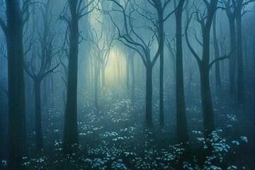 Fototapeta na wymiar Panorama of foggy forest. Fairy tale spooky looking woods in a misty day. Cold foggy morning in horror forest. High quality illustration
