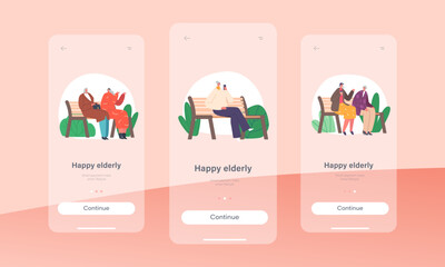 Happy Elderly Mobile App Page Onboard Screen Template. Senior Female Characters Sit on Bench in Park Chatting, Gossips