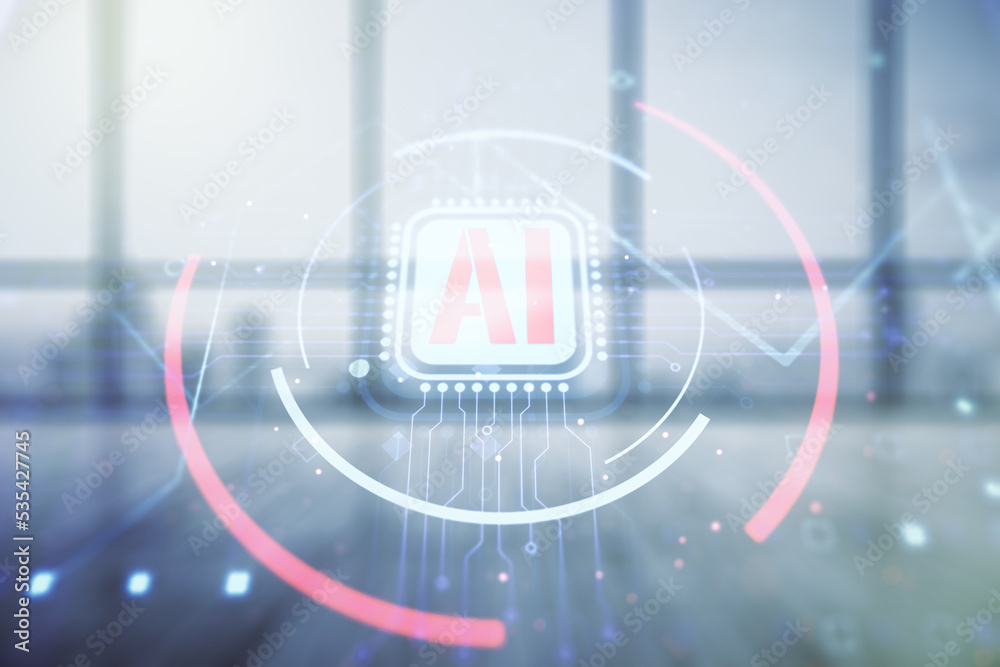 Aufkleber Double exposure of creative artificial Intelligence abbreviation hologram on empty room interior background. Future technology and AI concept