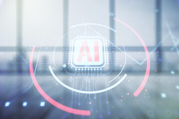 Double exposure of creative artificial Intelligence abbreviation hologram on empty room interior background. Future technology and AI concept