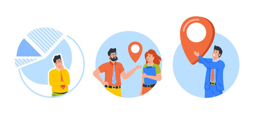 Office Employees Communicate, Discuss Marketing Strategy or Project Isolated Round Icons, Avatars. Brainstorm, Teamwork