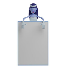 3D  illustration. 3D Skull Princess Cartoon Character standing behind a blackboard. face slightly down. both hands forward. 3D Cartoon Character