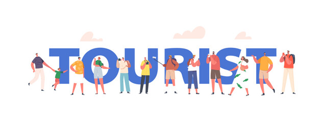 Tourists Group Excursion Concept. Young People with Backpacks and Photo Cameras Traveling. Characters Travel Abroad