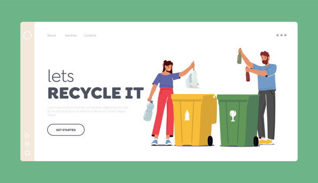 Litter Sorting, Recycling and Segregation Concept for Landing Page Template. . People City Dwellers Throw Garbage